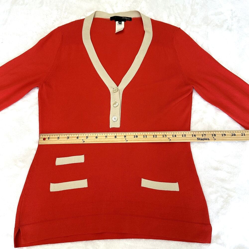 Les Copains Women's Scarlet Cream Trim V-Neck Cuffs 3/4 Sleeve Knit Sweater Sz 6 - Picture 9 of 13